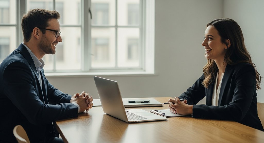 Eine Kandidatin in einem positiven Bewerbungsgespräch für eine Stelle im Online Marketing.