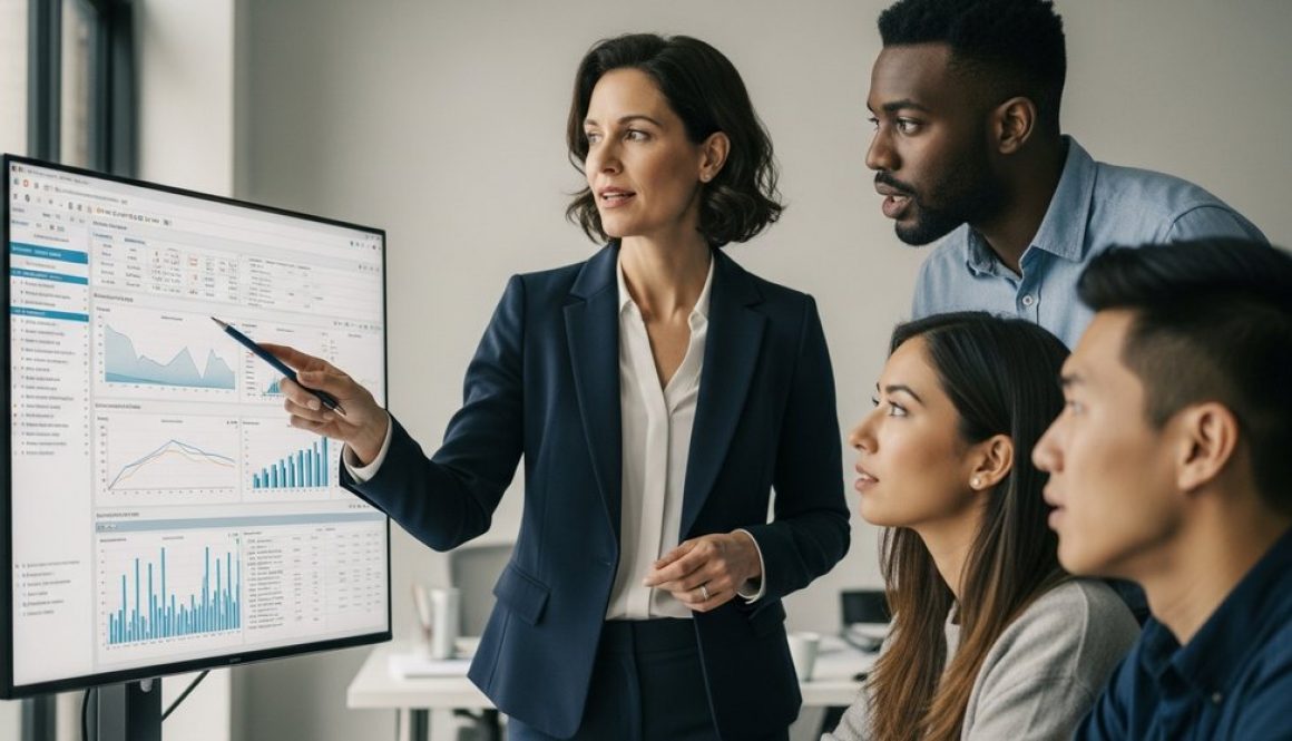 Eine moderne Marketingleiterin bespricht eine datengestützte Strategie mit ihrem Team vor einem Dashboard.