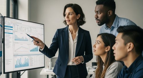 Eine moderne Marketingleiterin bespricht eine datengestützte Strategie mit ihrem Team vor einem Dashboard.