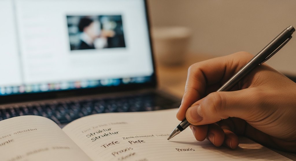 Eine Person macht sich Notizen während eines strukturierten SEO-Kurses am Laptop.