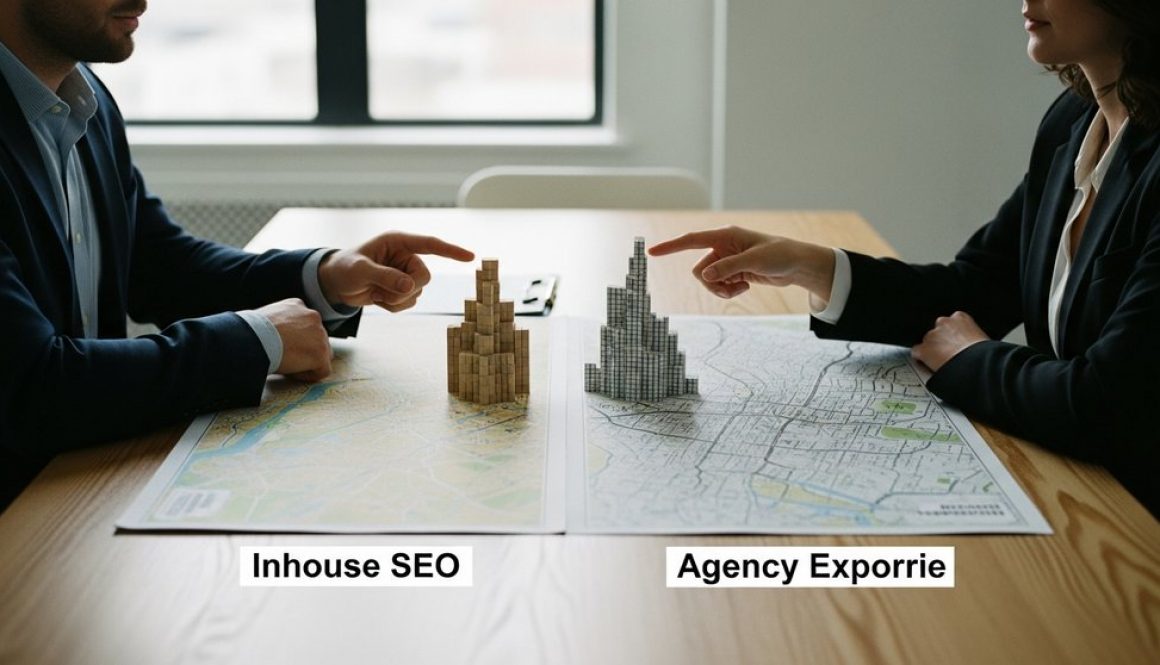 Eine strategische Entscheidung zwischen Inhouse-SEO, symbolisiert durch Bausteine, und einer SEO-Agentur, dargestellt durch eine Landkarte.