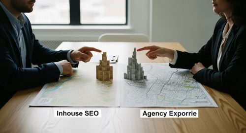 Eine strategische Entscheidung zwischen Inhouse-SEO, symbolisiert durch Bausteine, und einer SEO-Agentur, dargestellt durch eine Landkarte.
