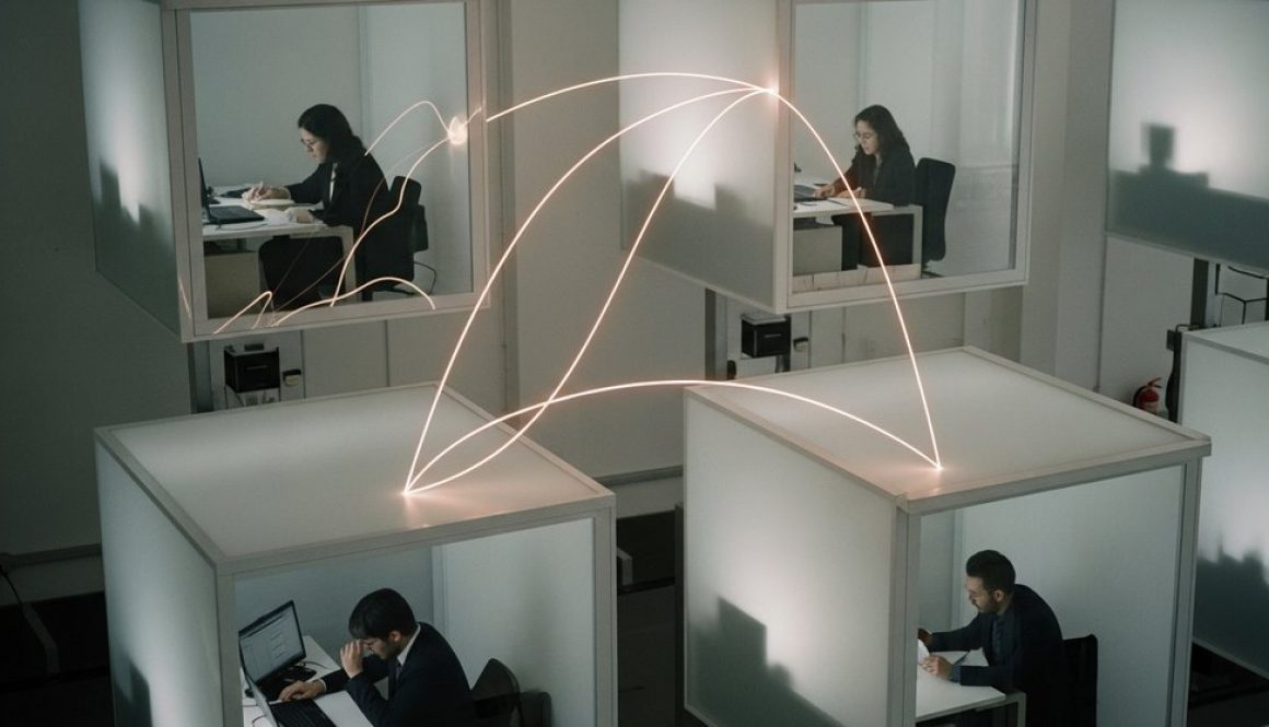 Eine symbolische Darstellung von Wissenssilos, die in einem modernen Büro aufgebrochen werden.