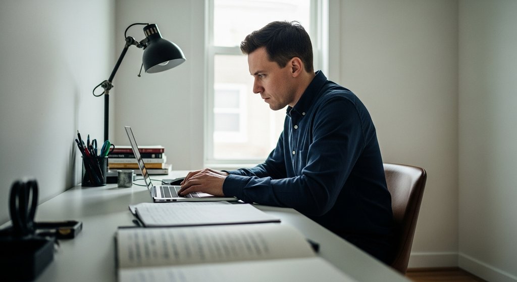 Freelancer bereitet sich durch Recherche am Laptop auf ein Networking-Event vor.