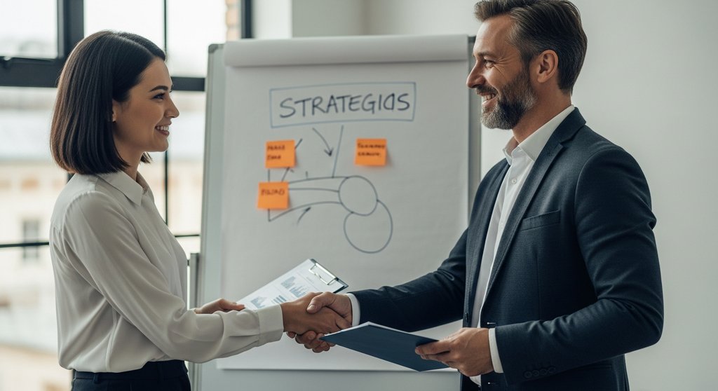 Freelancer und zufriedener Kunde bei der Projektübergabe. Editorial Style Fotografie, Medium Shot: Ein Freelancer (ca. 35) und ein Kunde (ca. 45) stehen vor einem Whiteboard mit strategischen Notizen. Sie schütteln sich die Hände, beide lächeln authentisch. Das Licht ist weich, die Umgebung ein modernes Büro. Die Stimmung ist professionell und positiv. DSLR, high resolution, visible skin texture, dezente Farben im Muted Tones Stil, leichte Körnung.