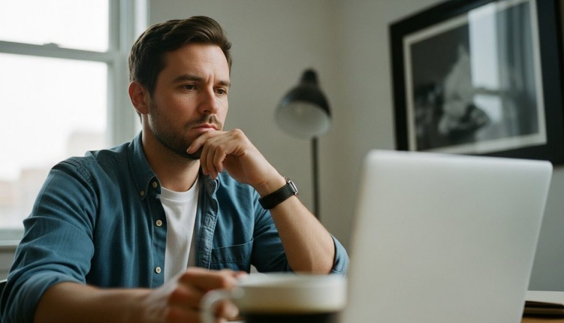 Freelancer vergleicht verschiedene Auftragsbörsen am Laptop in seinem Büro.