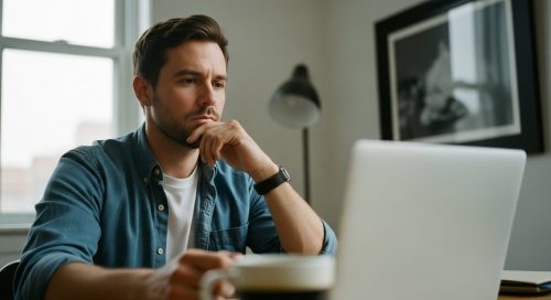 Freelancer vergleicht verschiedene Auftragsbörsen am Laptop in seinem Büro.