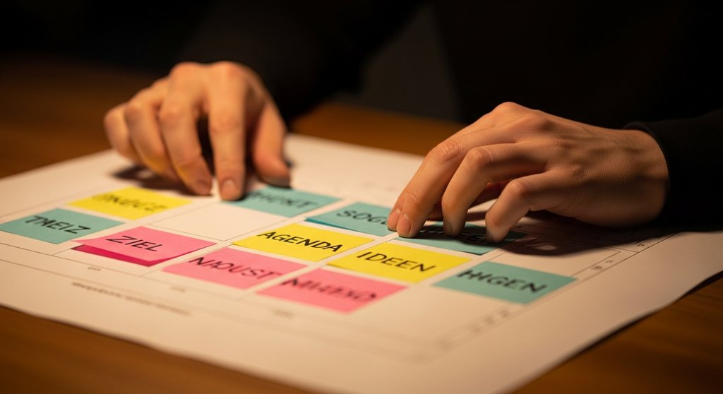 Hände, die sorgfältig bunte Haftnotizen für die Planung einer Workshop-Agenda anordnen.