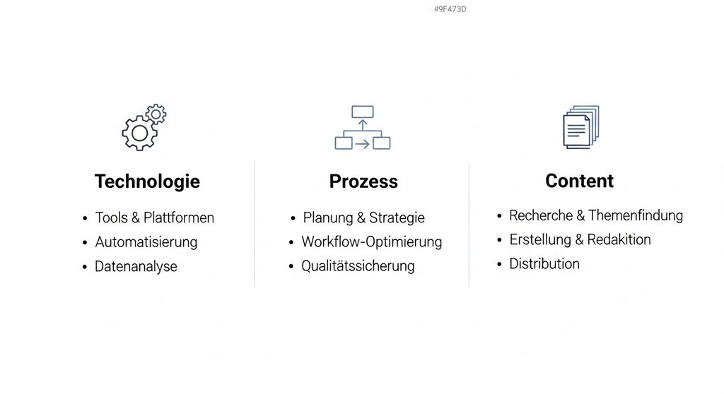 Infografik der drei Säulen der Akquise-Automatisierung: Technologie, Prozess, Content.
