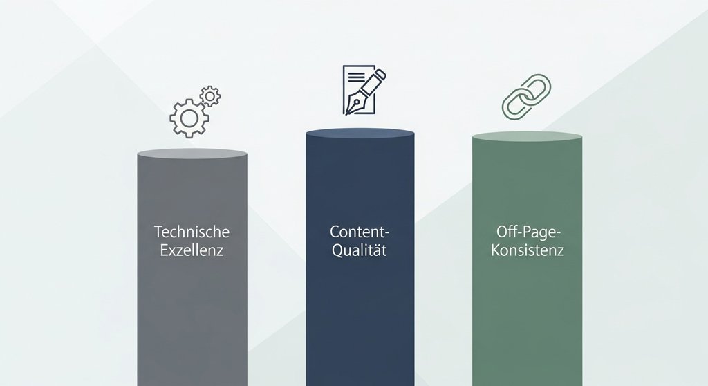 Infografik der drei Säulen der SEO-Qualitätssicherung: Technik, Content und Off-Page.