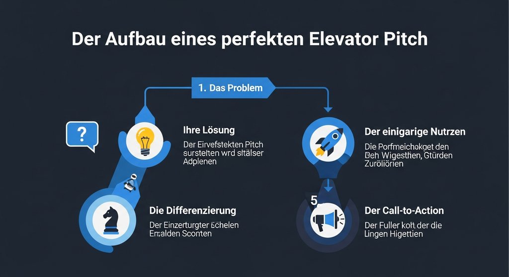 Infografik, die den Aufbau eines perfekten Elevator Pitch in fünf Schritten zeigt.