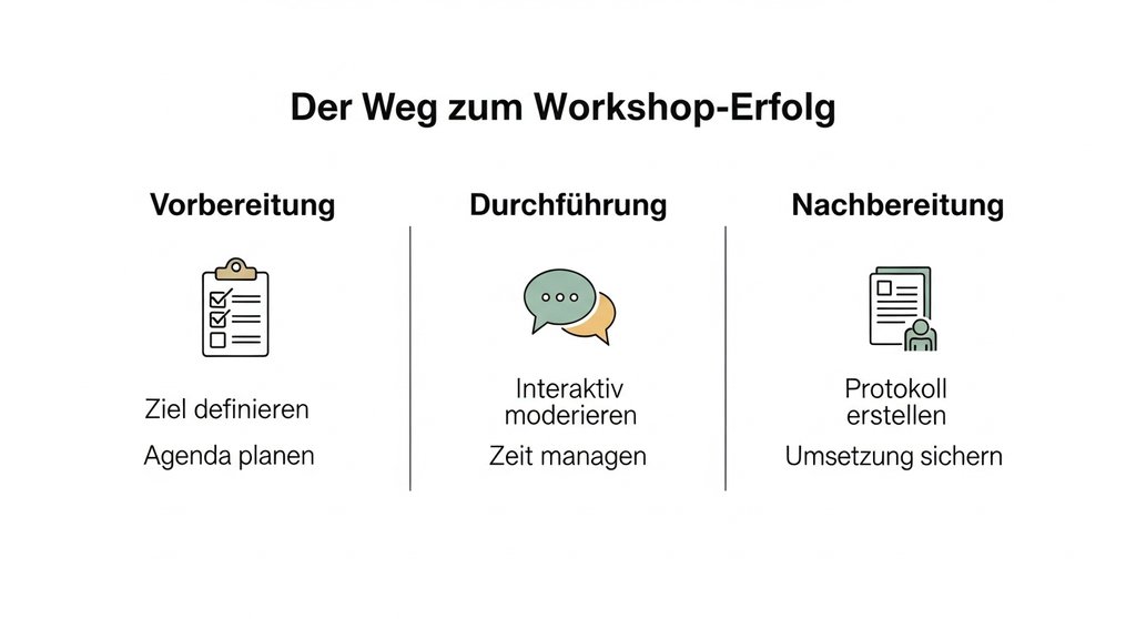 Infografik, die die drei Phasen eines erfolgreichen Workshops darstellt: Vorbereitung, Durchführung und Nachbereitung.