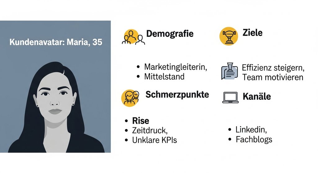 Infografik, die die verschiedenen Bestandteile eines Kundenavatars am Beispiel von 'Maria, 35' zeigt.