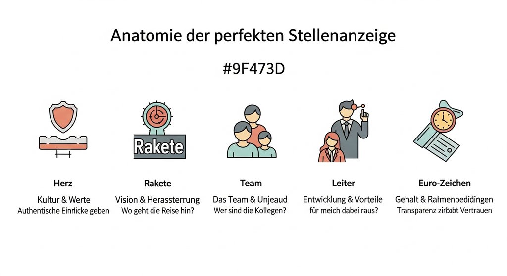 Infografik über die fünf wichtigsten Bestandteile einer perfekten Stellenanzeige im Online Marketing.