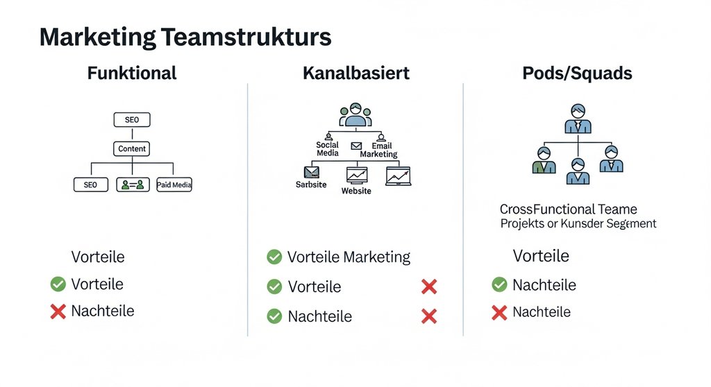 Infografik Vergleich der drei gängigsten Marketing Team Strukturen