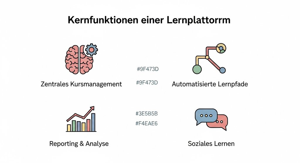 Infografik zu den vier Kernfunktionen einer Lernplattform für Unternehmen.