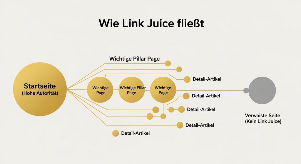 Infografik zur Verteilung von Link Juice durch eine strategische interne Verlinkung.