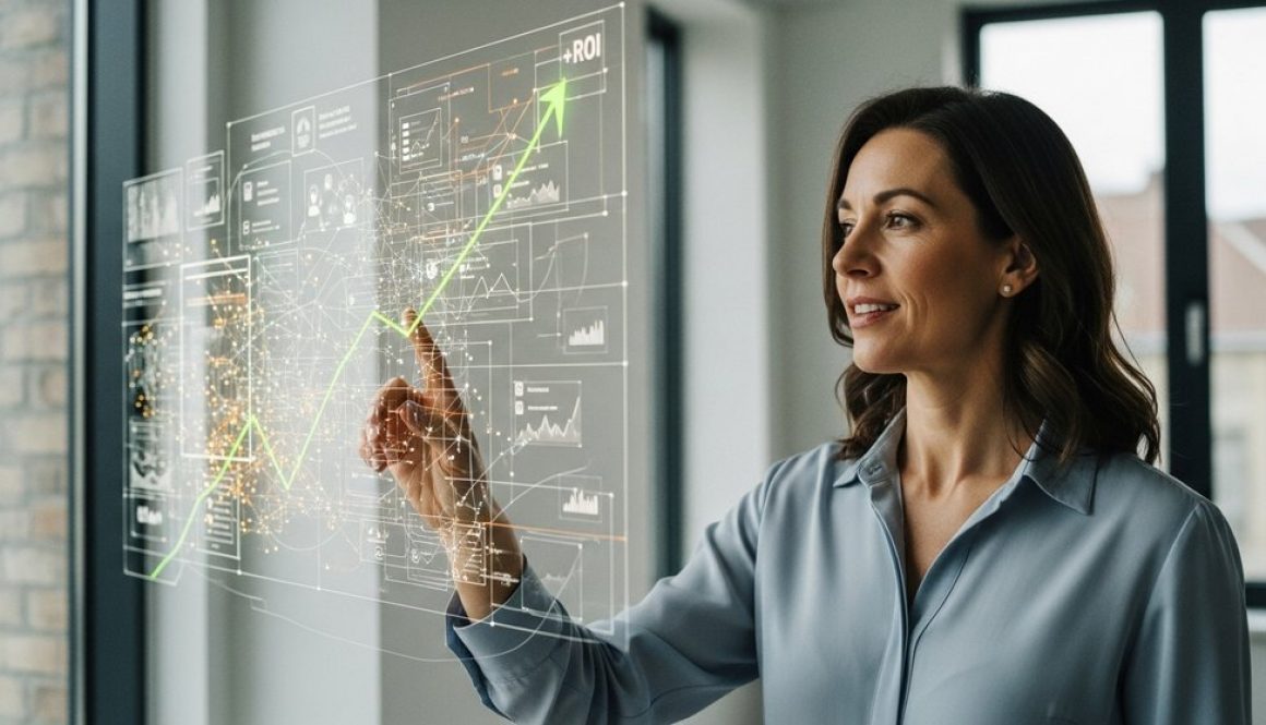 Marketing-Leiterin analysiert Daten auf einem Screen, um den SEO ROI zu berechnen.