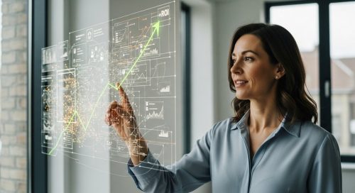 Marketing-Leiterin analysiert Daten auf einem Screen, um den SEO ROI zu berechnen.