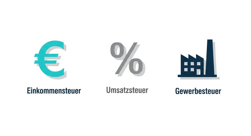 Minimalistische Infografik im Flat Design. Sie zeigt drei Icons in einer Reihe: Ein Euro-Symbol für 'Einkommensteuer', ein Prozent-Symbol für 'Umsatzsteuer' und ein Fabrik-Symbol für 'Gewerbesteuer'. Unter jedem Icon steht der deutsche Begriff in klarer, serifenloser Schrift. Die Farbpalette ist auf drei professionelle Farben beschränkt (z.B. Dunkelblau, Grau, Türkis). Der Hintergrund ist neutral weiß.