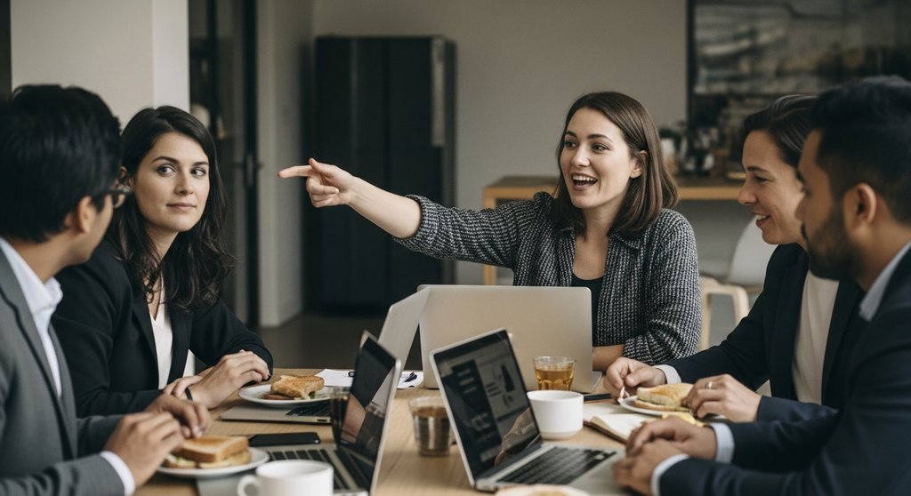 Mitarbeiter in einer lockeren 'Lunch & Learn'-Runde diskutieren angeregt über ein Projekt.