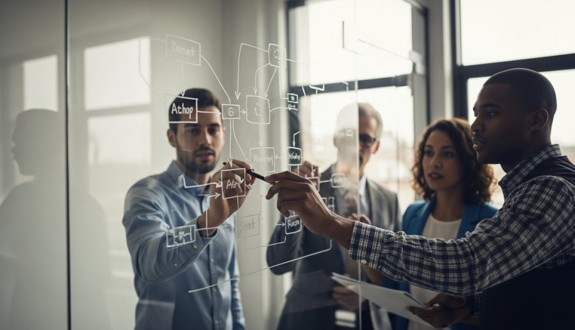 Professionals entwerfen eine Marketing Team Struktur auf einer Glastafel