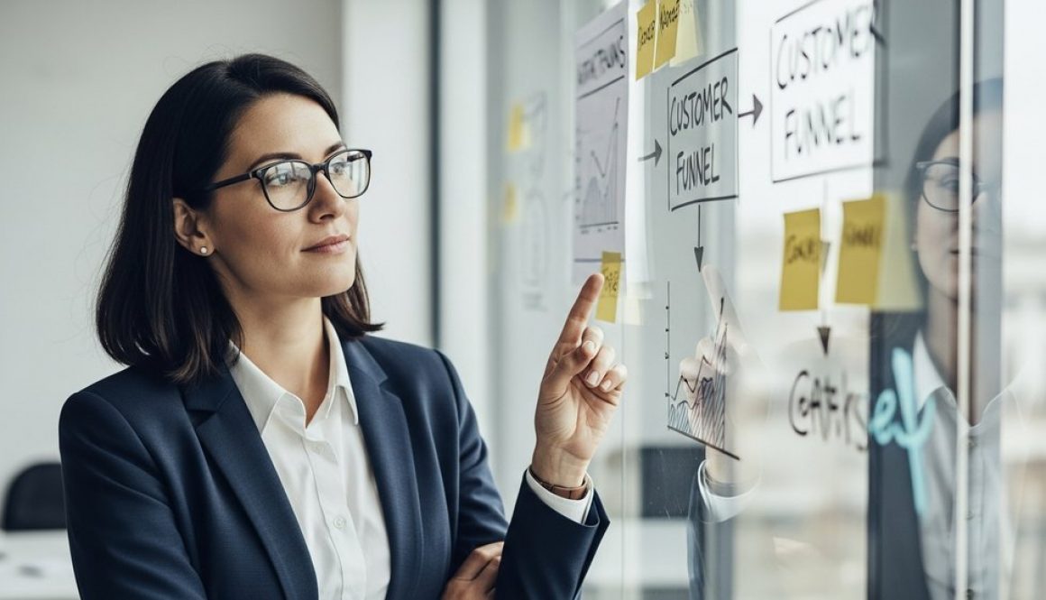 Professionelle Person plant eine Kaltakquise-Strategie an einem Whiteboard.