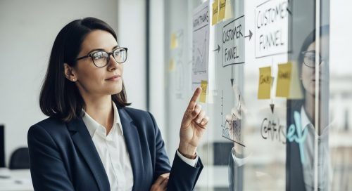 Professionelle Person plant eine Kaltakquise-Strategie an einem Whiteboard.
