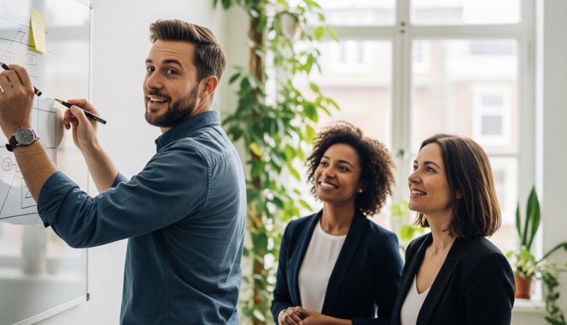 Team diskutiert engagiert Maßnahmen zur Mitarbeiterbindung in einem modernen Büro.