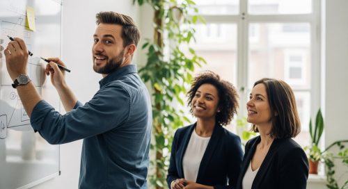 Team diskutiert engagiert Maßnahmen zur Mitarbeiterbindung in einem modernen Büro.