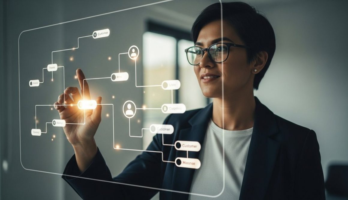 Unternehmer orchestriert einen automatisierten Akquise-Prozess auf einem digitalen Screen.