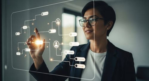 Unternehmer orchestriert einen automatisierten Akquise-Prozess auf einem digitalen Screen.