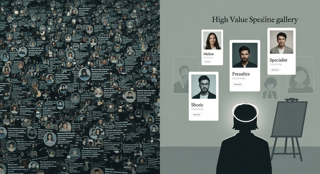 Visueller Vergleich zwischen allgemeinen und spezialisierten Auftragsbörsen.