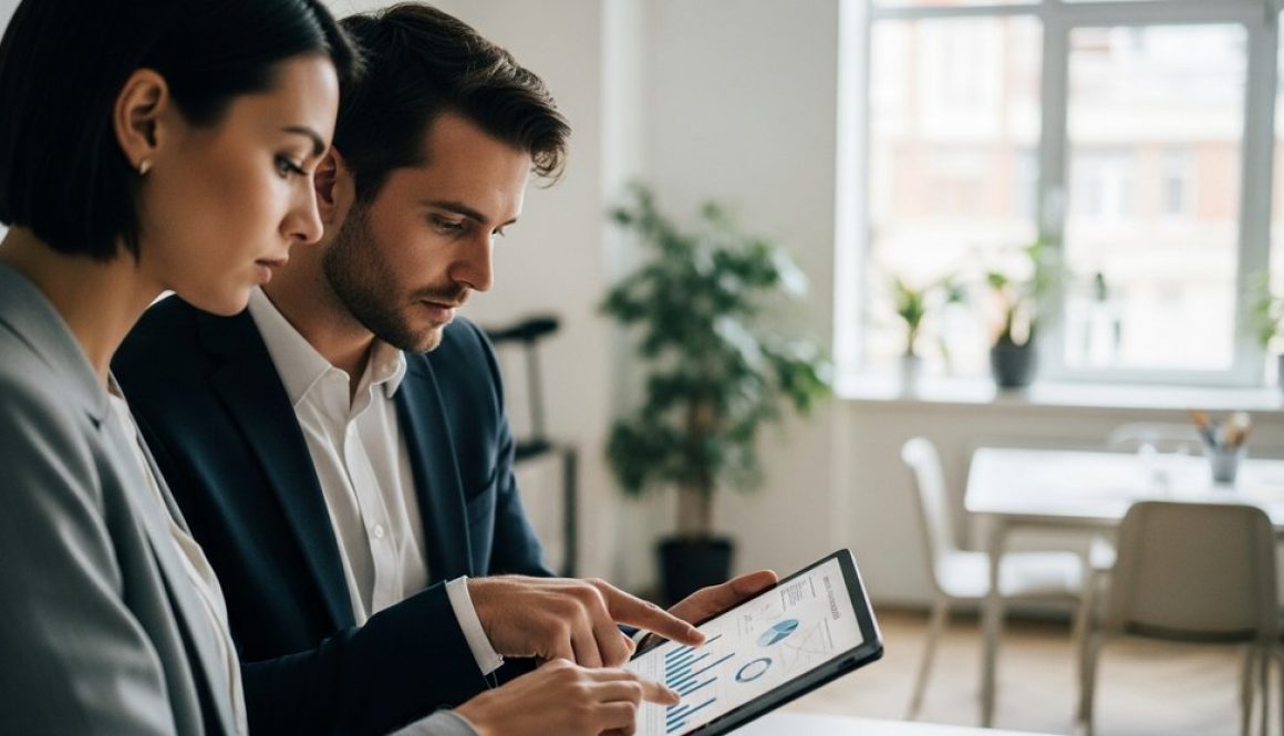 Zwei Experten bei der SEO-Budgetplanung für ihr Unternehmen, die Daten auf einem Tablet analysieren.