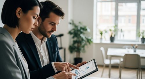 Zwei Experten bei der SEO-Budgetplanung für ihr Unternehmen, die Daten auf einem Tablet analysieren.