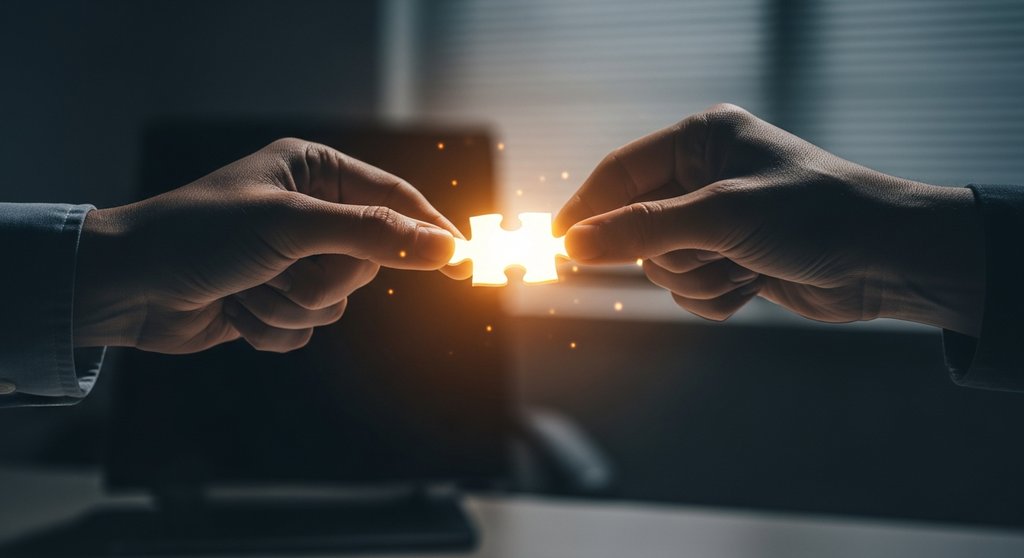 Zwei Hände übergeben ein leuchtendes Puzzleteil als Symbol für den Transfer von implizitem Wissen.