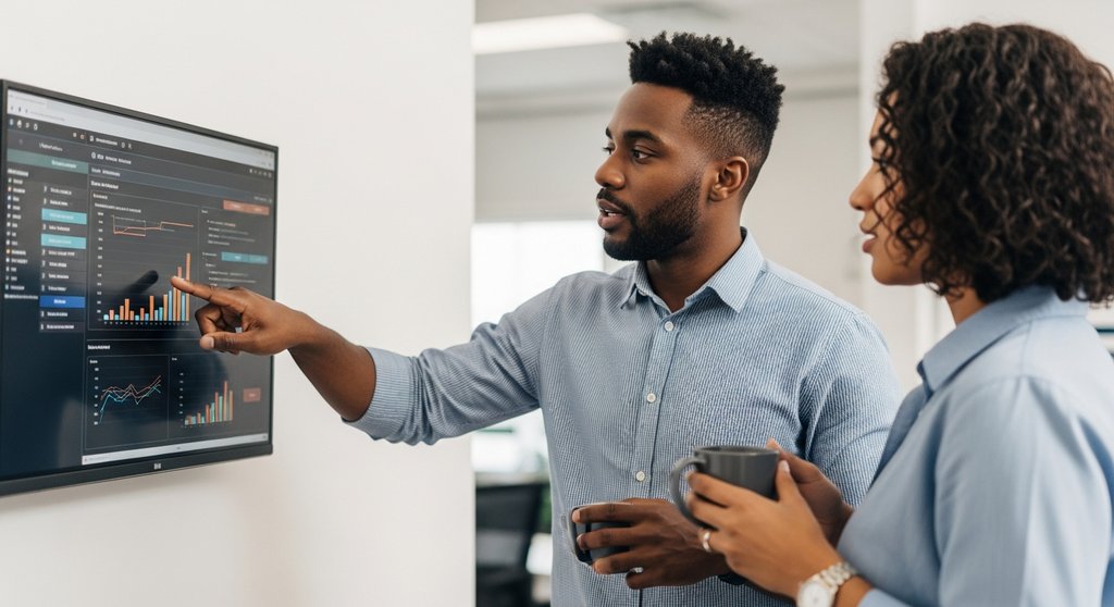 Zwei Kollegen arbeiten abteilungsübergreifend an einem Projekt und tauschen Wissen aus.