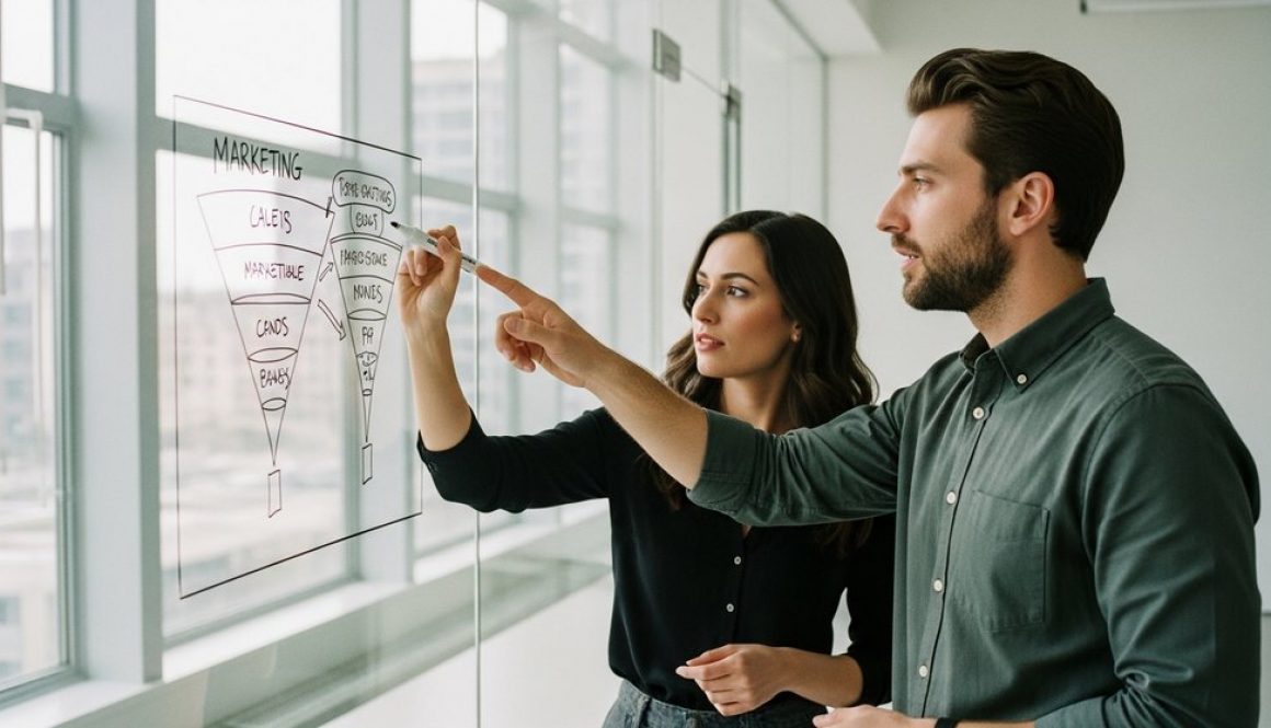 Zwei Marketing-Experten planen eine Strategie, um neue Mitarbeiter im Online Marketing zu finden.