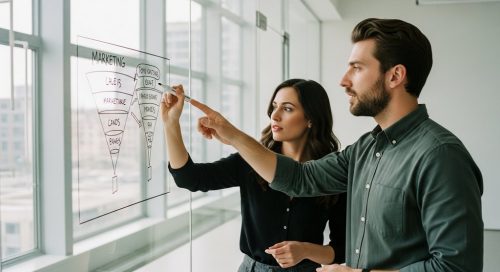 Zwei Marketing-Experten planen eine Strategie, um neue Mitarbeiter im Online Marketing zu finden.