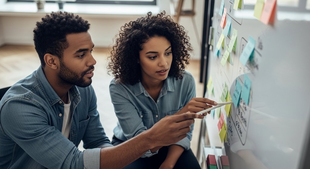 Zwei Personen planen ein Projekt an einem Whiteboard in einem kreativen Büro.