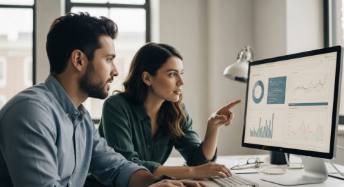 Zwei SEO-Experten analysieren Daten, um das SEO Gehalt in Deutschland zu bestimmen.