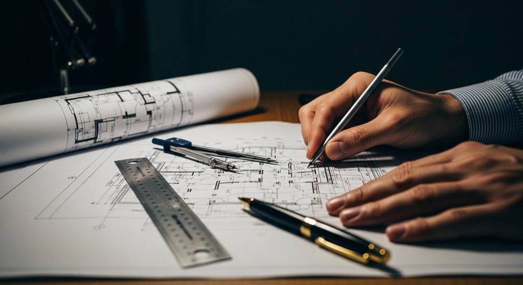 Architektenhände arbeiten an einem detaillierten Bauplan, Symbol für die strategische Planung eines Inhouse-Teams.