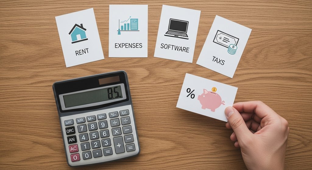 Berechnung des Freelancer-Stundensatzes anhand verschiedener Kostenfaktoren wie Miete, Software und Steuern.