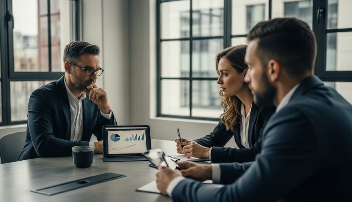 CEO und zwei Mitarbeiter analysieren Inhouse Marketing Kosten auf einem Tablet.