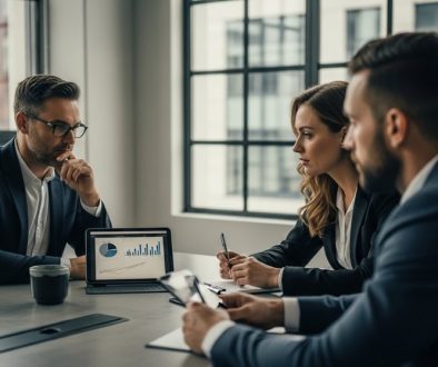 CEO und zwei Mitarbeiter analysieren Inhouse Marketing Kosten auf einem Tablet.