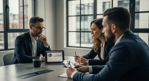 CEO und zwei Mitarbeiter analysieren Inhouse Marketing Kosten auf einem Tablet.