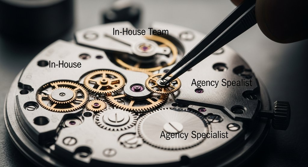 Das Hybridmodell im Marketing: Ein Kernteam wird präzise durch externe Agentur-Spezialisten ergänzt.