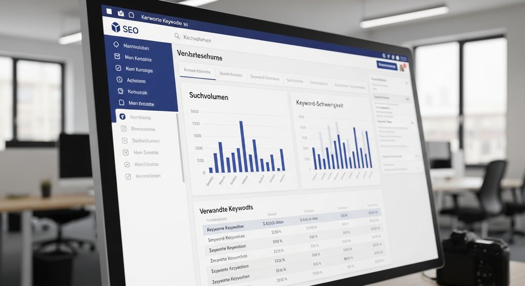 Dashboard eines SEO-Tools für die Inhouse Keyword Recherche mit Daten zu Suchvolumen und Schwierigkeit.