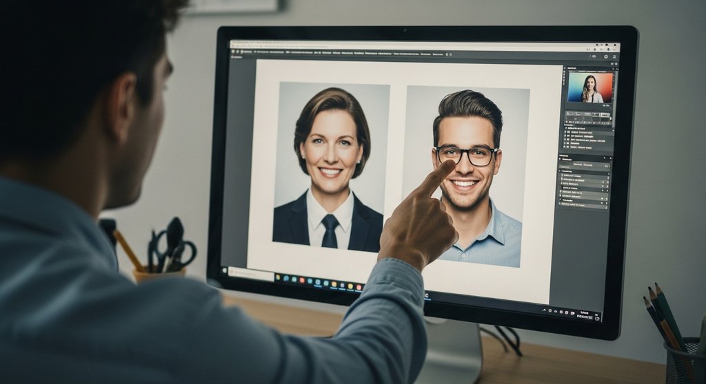 Designer wählt ein professionelles Profilbild für ein Social-Media-Profil aus.