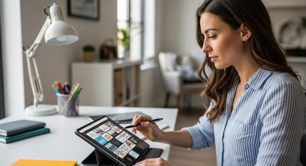 Designerin erstellt digitale Produkte in Form von Vorlagen auf ihrem Tablet.